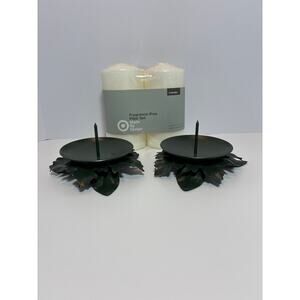 Pillar Candles & Candleholders bundle Fragrance free Green metal w leaf motif